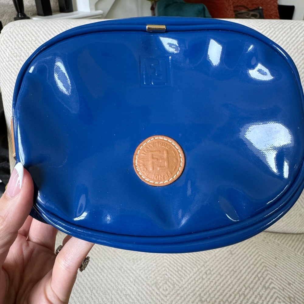 Fendi Glossy Blue Pouch with Tan Logo